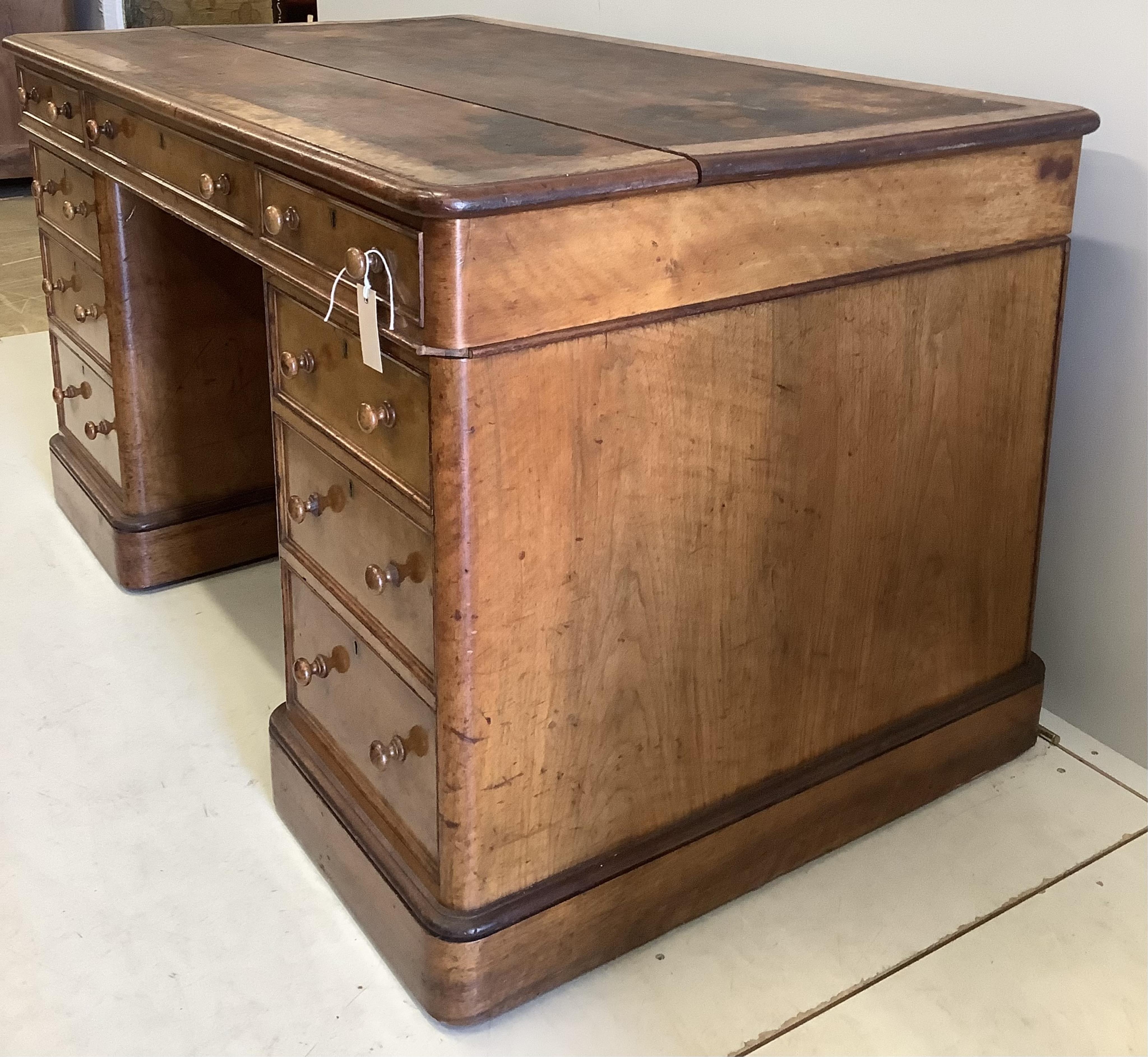 A Victorian burr walnut pedestal desk, width 140cm, depth 80cm, height 74cm. Condition - poor to fair